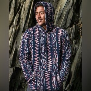 Billabong navy polar fleece hoodie adventure pull over boho tribal printed L​